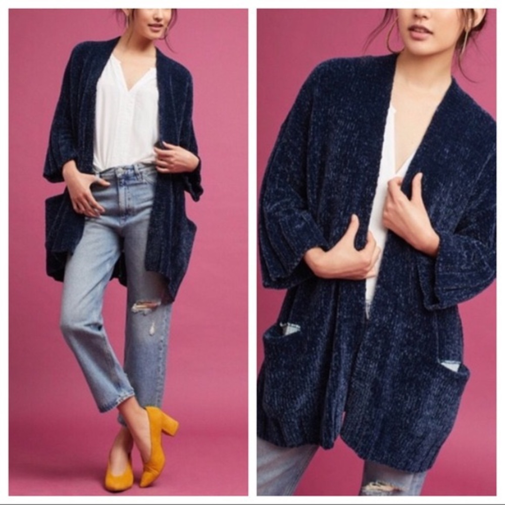 Anthro Moth Blue Chenille Sweater